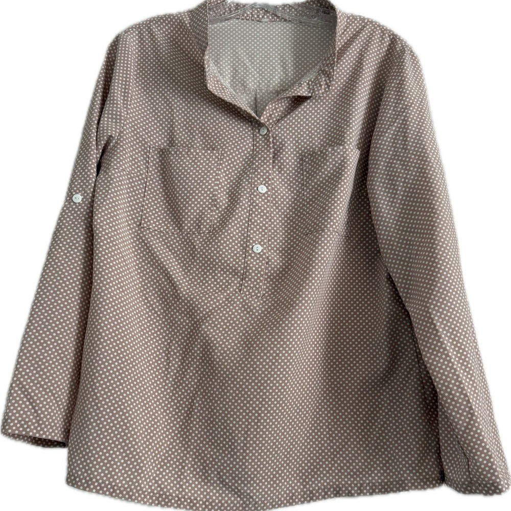 Polka Dot Long Sleeve Pullover Blouse - Taupe/White